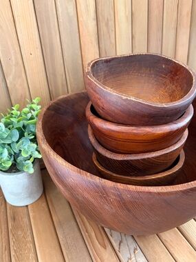 Vintage Teak Wood Bowl Set Thailand Hand Carved Salad Bowls Boho MCM Natural Set